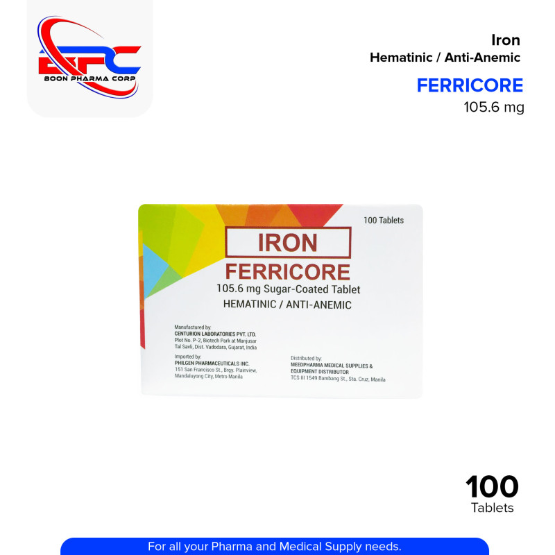 FERRICORE Iron (as Ferrous Sulfate) Sugar Coated Hematinic / Anti-Anemic 105.6 mg Tablet 100's
