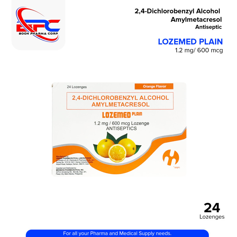 LOZEMED Plain 2,-4 Dichlorobenzyl Alcohol Amylmetacresol 1.2 mg / 600 mcg Lozenge Anticeptics Orange Flavor 24's