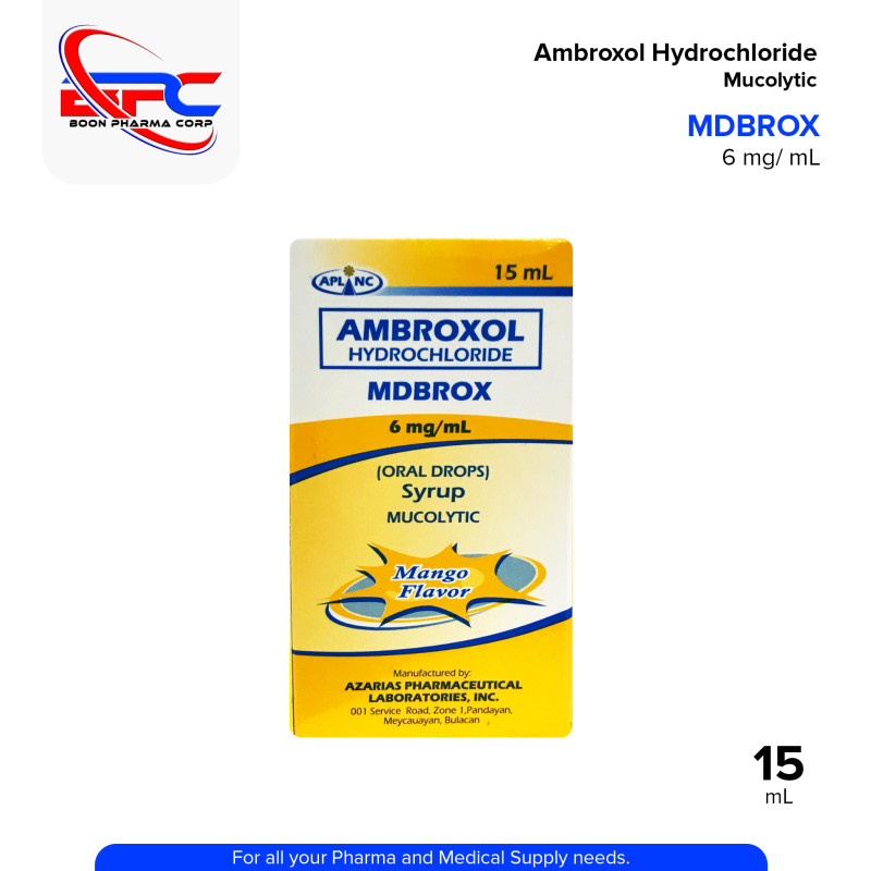 MDBROX Ambroxol Hydrochloride 6 mg / mL Oral Drops Syrup Mucolytic Mango Flavor 15mL