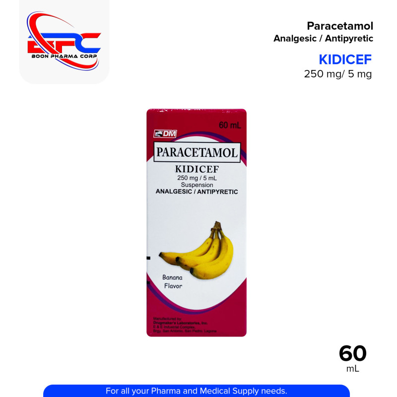KIDICEF Paracetamol Analgesic Antipyretic 250 mg / 5 mL Suspension Banana Flavor 60mL