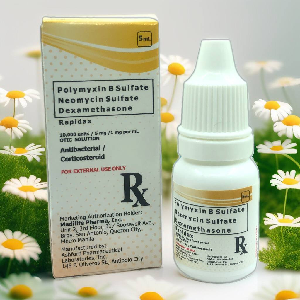 Polymyxin B Sulfate Neomycin Sulfate Dexamethasone (Rapidax) 10,000 Units /5 mg /1mg per ml Antibacterial Corticosteroid 5ml