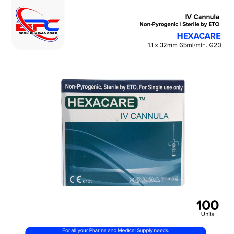 HEXACARE IV Cannula With Wings And Injection Port 1.1 x 32mm 65ml/min 20g 100's